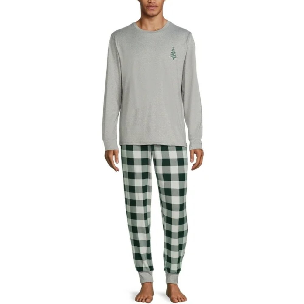 Men's Pajama Set XL-Holiday Green Plaid Christmas Tree Long Sleeve Top/Pants NWT